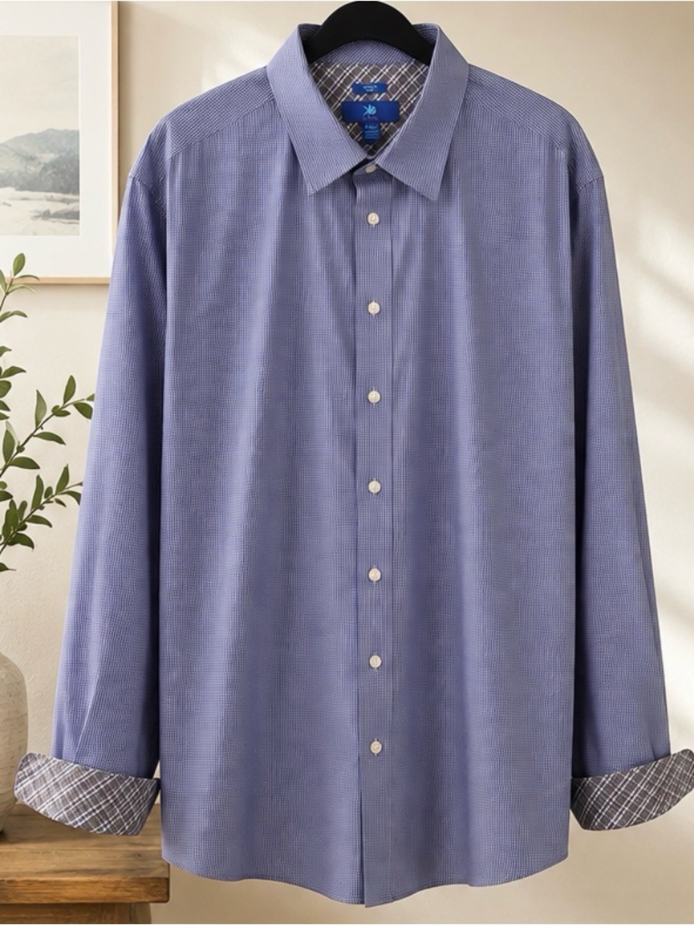 Egara Men's Light Blue Micro-Check Dress Shirt